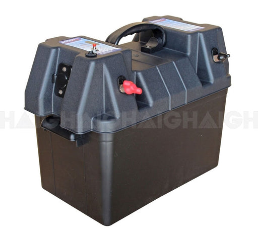 The Mean Mother 4x4 Battery Box Xlge 320x185x225mm features a black plastic case with a top handle, labeled lid, and two external terminals (red and black), designed to securely hold and protect large batteries.