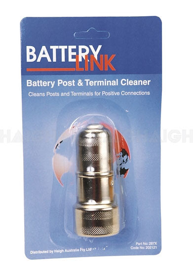 The Mean Mother 4x4 Battery Post & Terminal Cleaner comes packaged in a blue blister pack and features a cylindrical metal tool for cleaning battery posts and terminals.
