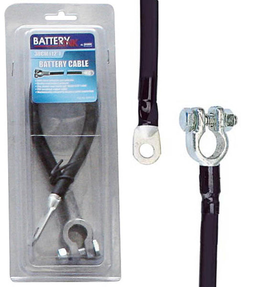 The Mean Mother 4x4 Batt.Starter Cable 42In/1.06M is a packaged black cable with metal ring and clamp connectors, shown in its packaging and in close-up, ideal for automotive or battery applications.