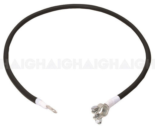 The Mean Mother 4x4 Batt.Starter Cable 72In/1.8M is a black automotive battery cable with a ring terminal on one end and a metal clamp on the other, shown against a white background.