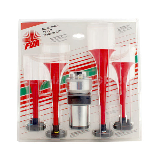 The Air Horn plays Jingle Bells 12V by Mean Mother 4x4 includes four red and white horns, a silver compressor, and FIA branding. Ideal as a loud car horn for any vehicle. Made in Italy; operates on 12 volts.