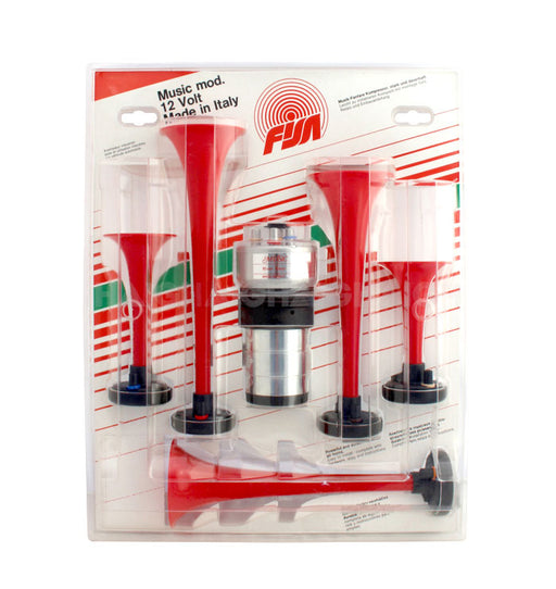 A set of four red air horns with black bases and a silver compressor, branded Mean Mother 4x4 Air Horn River Kwai 12V, is packaged with red and green graphics on a white background.