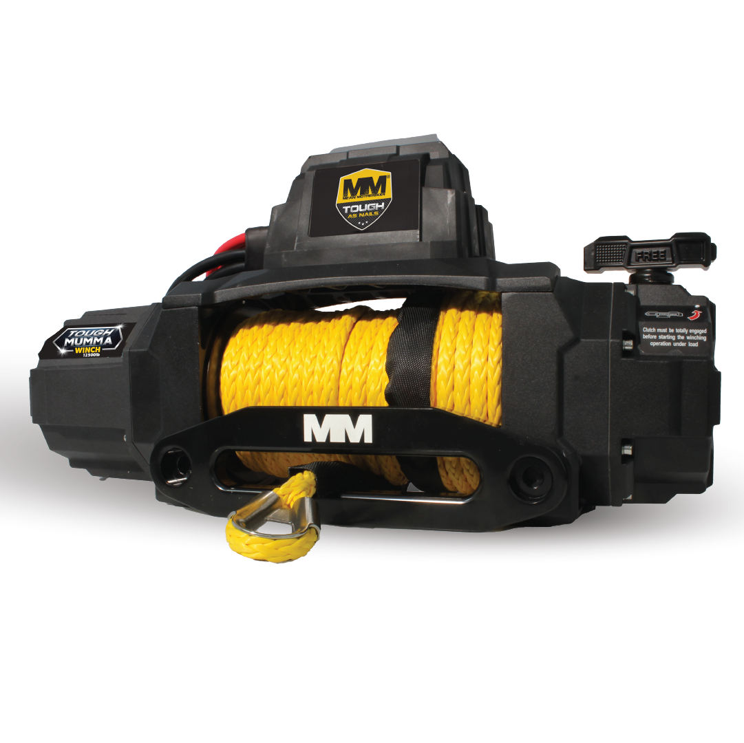 The Mean Mother 4x4, Tough Mumma 12500LB winch features a black casing and yellow UHMWPE synthetic rope. Equipped with a strong hook and safety latch, this rugged design is ideal for heavy-duty towing, symbolizing reliability and strength with the "MM" branding.