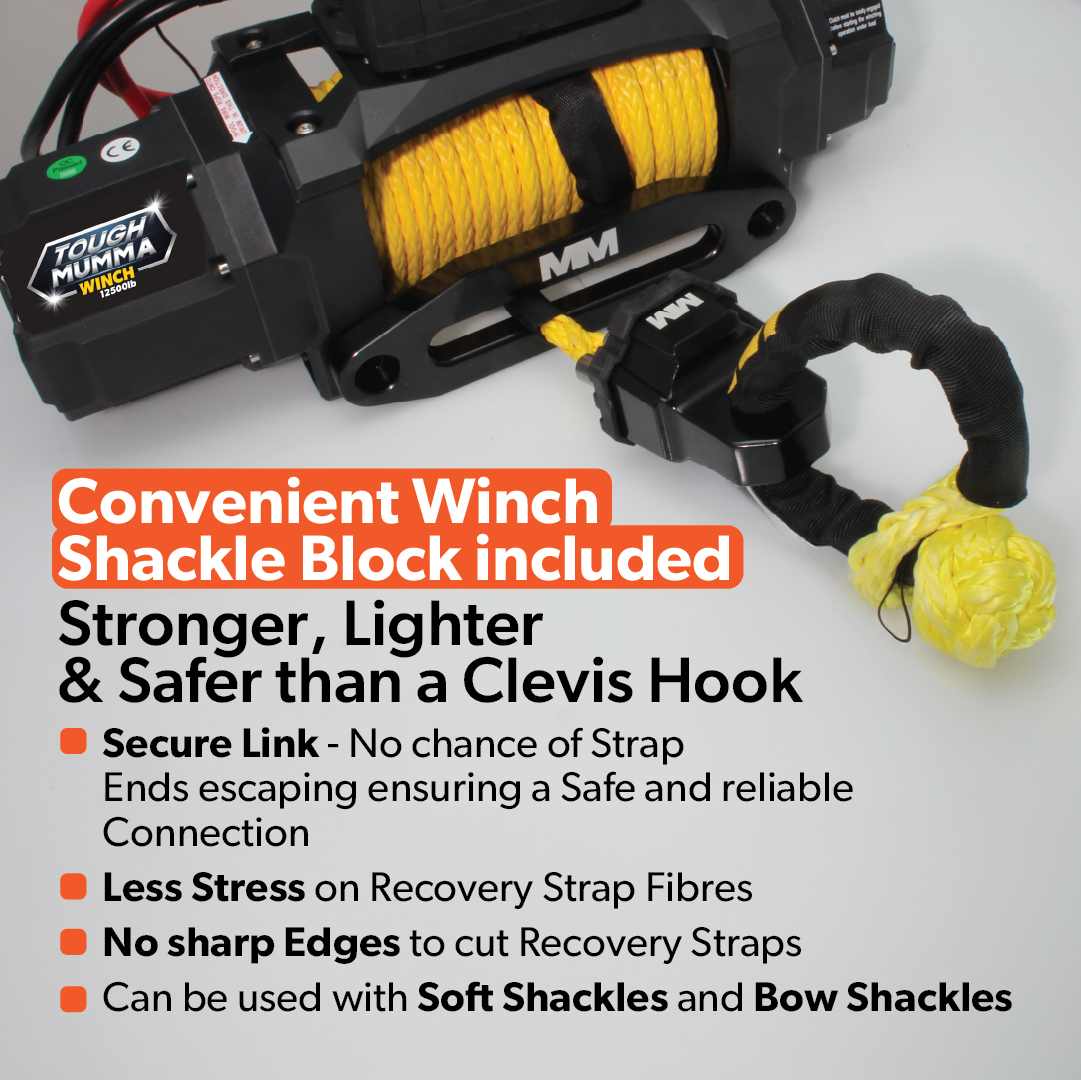Image of the Mean Mother 4x4 Winch with Synthetic Rope 12500LB featuring a yellow strap and shackle block. Highlights: "Includes convenient shackle block; stronger, lighter, safer than a clevis hook." Features secure link, UHMWPE synthetic rope for less stress and no sharp edges; fits Tough Mumma soft shackles.