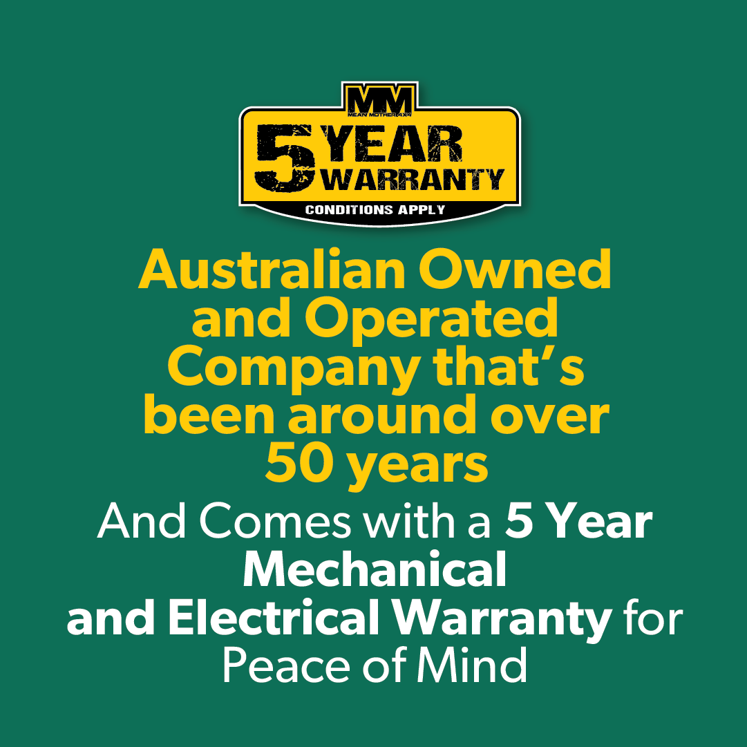 Highlighted in green: "5-Year Mechanical and Electrical Warranty. Conditions apply. Proudly Australian Owned for 50+ years." For your 4x4 adventures, consider equipping the Mean Mother 4x4 Winch with UHMWPE synthetic rope for durability and peace of mind.