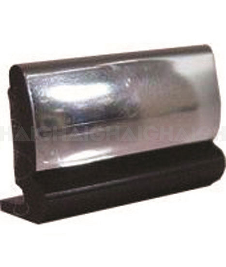 A close-up of the Mean Mother 4x4 Body Mould 10mm x 30m Bulk Narrow automotive door edge guard featuring metal and black rubber with a curved, shiny chrome finish on top.