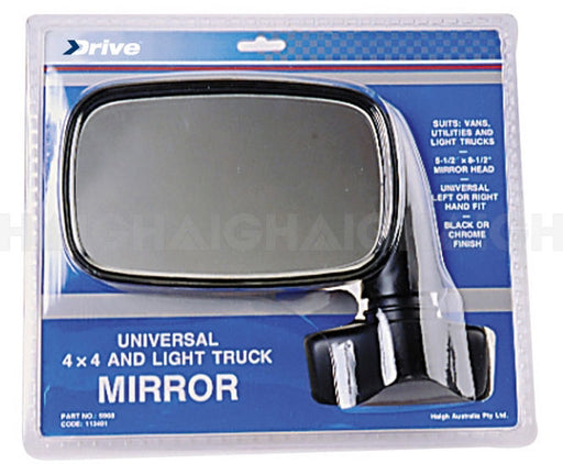 The Mean Mother 4x4 Mirror Door Universal 4X4/Van 140x215mm is packaged in blue with white text. Suitable for vans, utilities, and light trucks, the black mirror is visible through the clear plastic packaging.