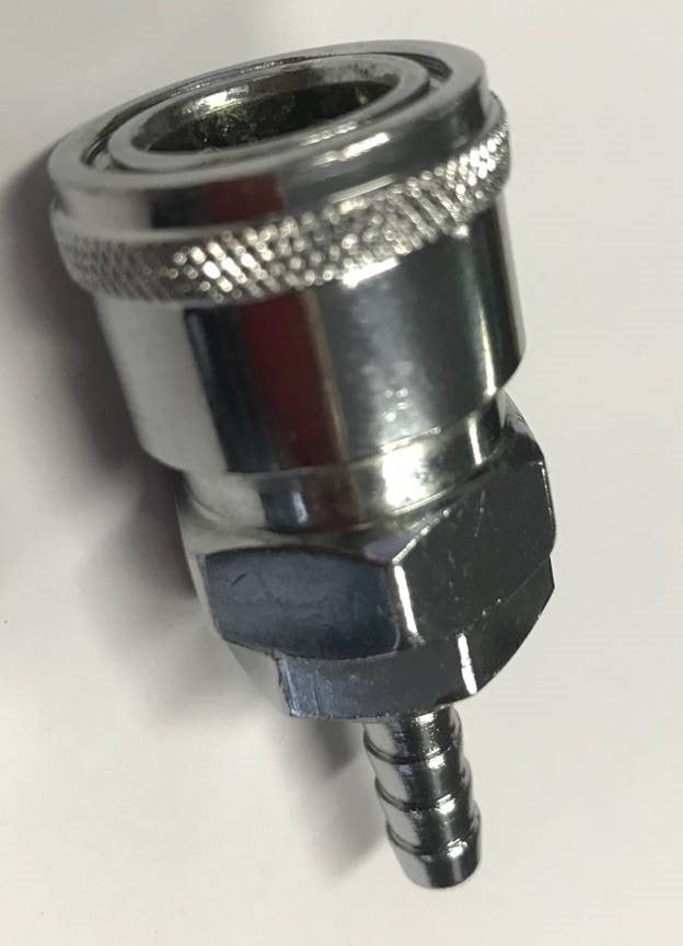 Close-up of the Hose Connector Female by Mean Mother 4x4, featuring a metal quick connect fitting with a hexagonal base and grooved nozzle, on a white surface.