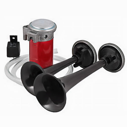 The Mean Mother 4x4 Twin Air Horn kit includes two black twin air horns, a red air compressor, a relay switch, and a clear hose on a white background. It delivers a powerful 116dB sound for enhanced safety.