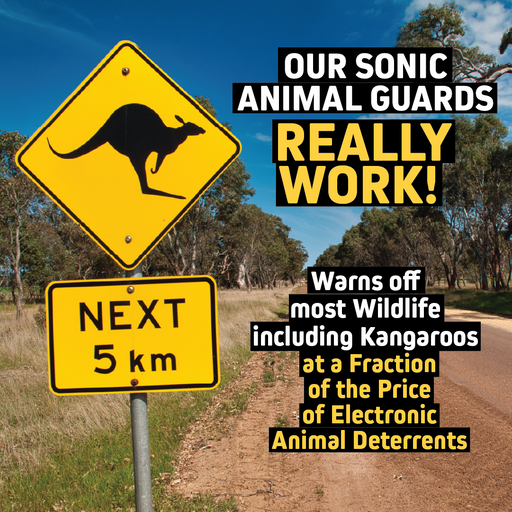 A yellow kangaroo crossing sign stands on a rural road under blue skies. Mean Mother 4x4’s Sonic Animal Guard offers an effective, affordable kangaroo deterrent versus electronic or ultrasonic animal repeller devices.