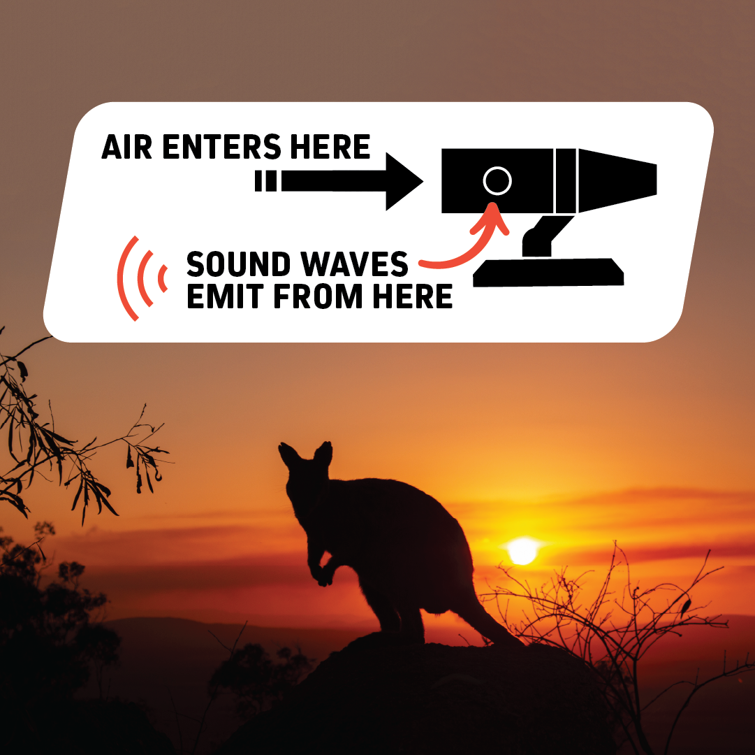 A sunset kangaroo silhouette overlays with a Mean Mother 4x4 Sonic Animal Guard diagram; labeled arrows show air intake and sound emission points for effective kangaroo deterrence.