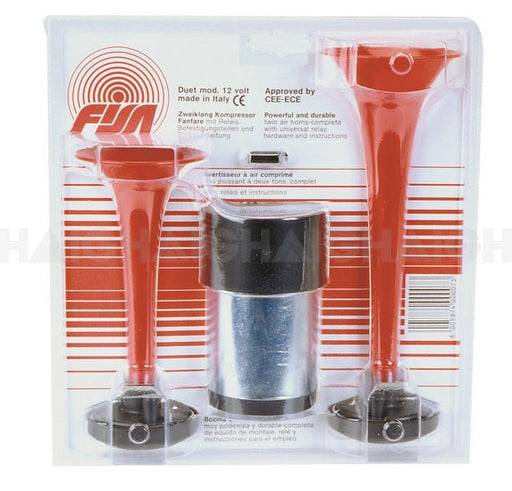 The Mean Mother 4x4 Air Horn Twin Fisa is a packaged set featuring two red plastic trumpets and a silver compressor, presented in a clear plastic case with product info and branding on the backing card.