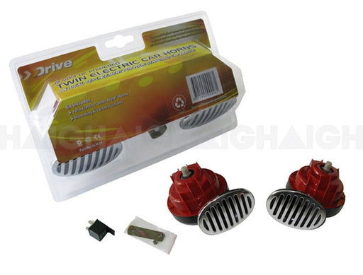 The Mean Mother 4x4 Twin Electronic Magnetic Snail Horn set includes two red and chrome horns, a relay, mounting bracket, and screws, shown next to packaging labeled "Drive.