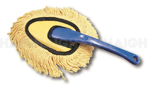 The Mean Mother 4x4 Duster Multi Purpose features a yellow fringe, black trim, and a curved blue plastic handle.