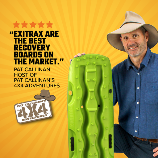 A man in a blue shirt and hat holds an Exitrax Recovery Board 1110 Series - Green, Pair + 1 Set of Recovery Board Mounts. A quote reads, "Exitrax are the best recovery boards on the market." The product features alongside Pat Callinan’s 4x4 Adventures logo.