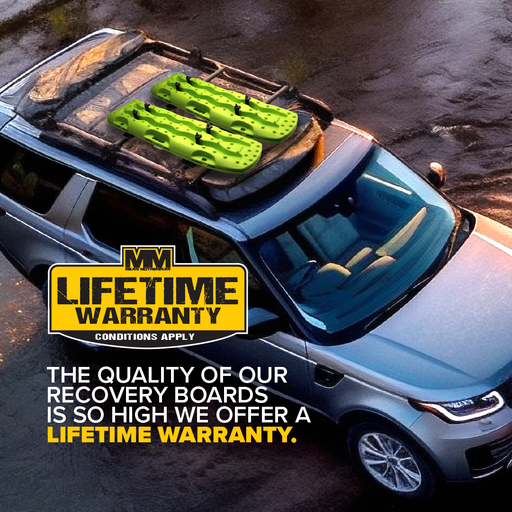 A sleek silver SUV parked on a wet street features Exitrax Recovery Board 1110 Series in Metallic Lime Green, securely fastened to its roof rack with the Exitrax Recovery Boards Mounts Bundle. Bold yellow and black text overlays read: "LIFETIME WARRANTY" and "The quality of our recovery boards is so high we offer a lifetime warranty.