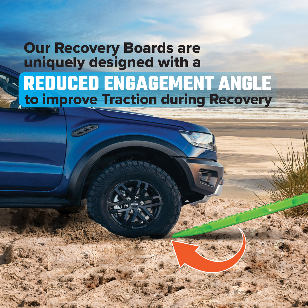 A metallic lime green off-road vehicle is on a sandy beach. There's text stating, "The Exitrax Recovery Board 1110 Series from Exitrax are uniquely designed with a Reduced Engagement Angle to improve Traction during Recovery." An arrow points to a recovery board under the vehicle's front wheel.