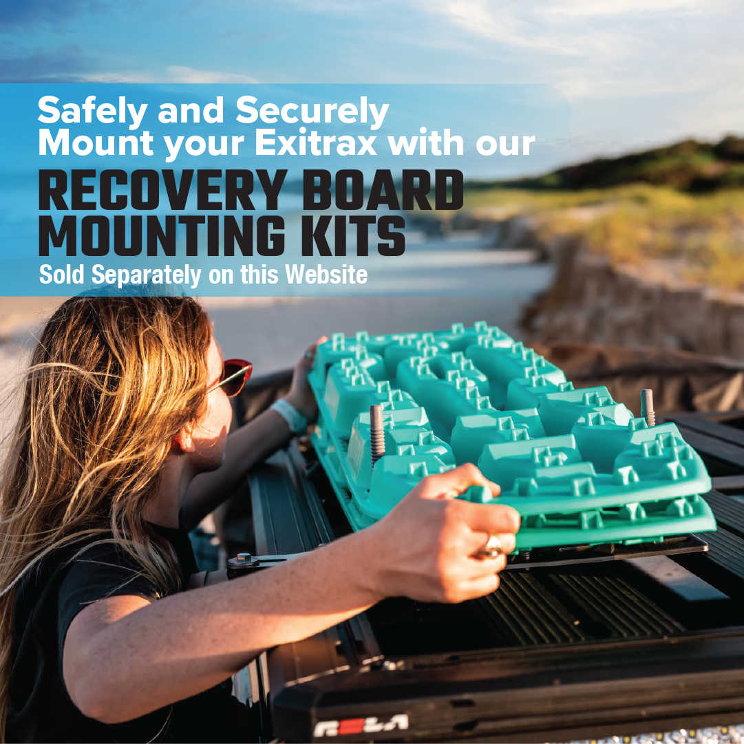 A person with long hair holds a Metallic Sunrise Red Exitrax Recovery Board 1110 Series over a vehicle roof. Text on the image reads: "Safely and Securely Mount your Exitrax with our Recovery Board Mounts Bundle. Available separately on this website." The backdrop features a sandy, outdoor environment. Lifetime Warranty included.