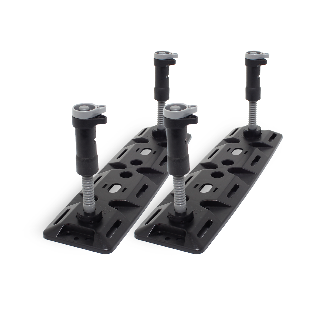 Two black adjustable furniture legs are secured to rectangular platforms designed for support and height adjustment. The platforms, reminiscent of those found in the Exitrax Recovery Board 1110 Series - Metallic Sunrise Red, Pair + Recovery Boards Mounts Bundle from Exitrax, feature various slots and holes for secure mounting. Meanwhile, the legs incorporate screw mechanisms and rotating caps for precise height adjustments.