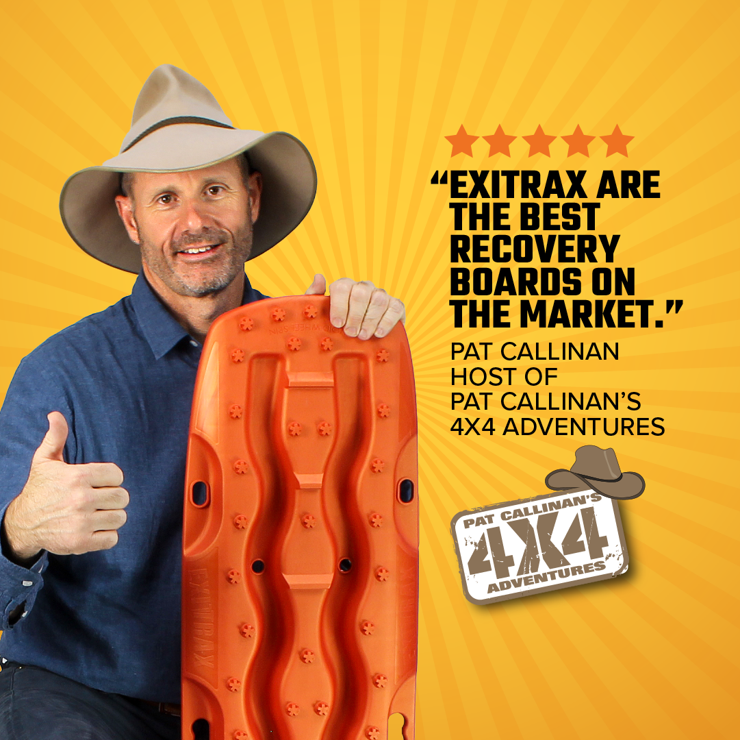 A man wearing a wide-brimmed hat holds up an Exitrax Recovery Board 1110 Series - Metallic Sunrise Red with his left hand and gives a thumbs-up with his right hand. Text on the image reads, "EXTRAX ARE THE BEST RECOVERY BOARDS ON THE MARKET," and credits Pat Callinan of Pat Callinan’s 4x4 Adventures.