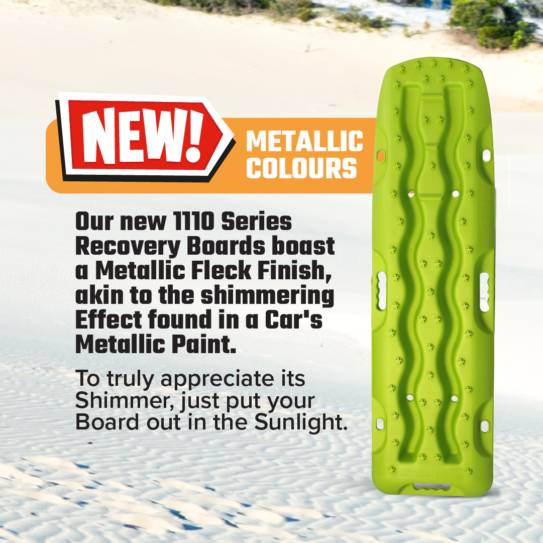 An advertisement for the Exitrax Recovery Board 1110 Series - Metallic Sunrise Red, featuring its stunning new metallic colors and shimmering effect. The green board is showcased on sandy terrain. The text recommends placing the Traction Recovery Boards in sunlight to maximize shimmer visibility.