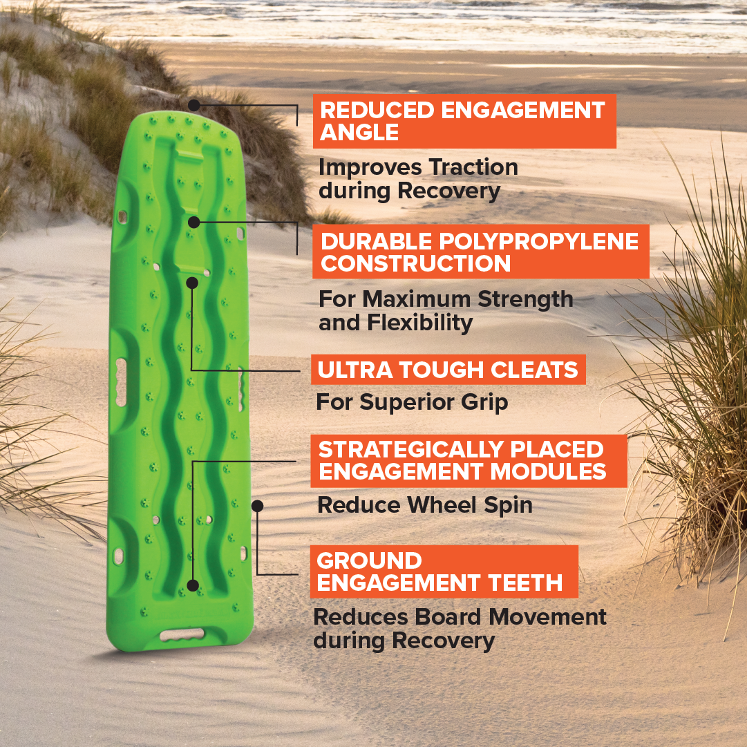 A black Exitrax Recovery Board 1110 Series, featuring labeled characteristics such as a reduced engagement angle, durable polypropylene construction, ultra-tough cleats, strategically placed traction modules, and ground engagement teeth. The background showcases a sandy beach with grass tufts and the sea. Lifetime Warranty included.