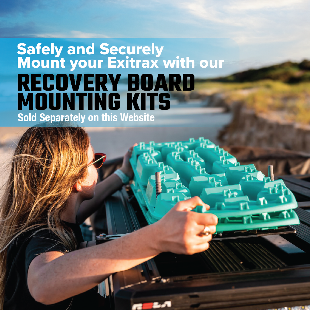 A person mounts a pair of Exitrax Recovery Board 1110 Series in black onto a black mounting kit on a vehicle, with a scenic outdoor backdrop of sand dunes and greenery. The text reads, "Safely and Securely Mount your Exitrax Recovery Boards with our Traction-Boosting MOUNTING KITS. Sold Separately on this Website.