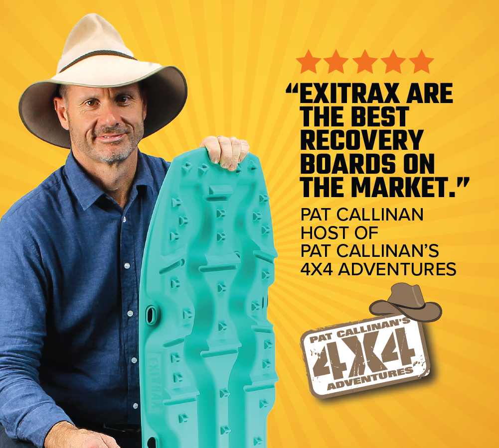 A man wearing a wide-brimmed hat and a blue shirt holds an Exitrax Recovery Board Ultimate 1150 - Aqua Marine, Pair + Recovery Board Mounts Bundle. A five-star rating and the quote, "Exitrax are the best recovery boards on the market," are displayed next to him, along with "Pat Callinan, host of Pat Callinan’s 4X4 Adventures.