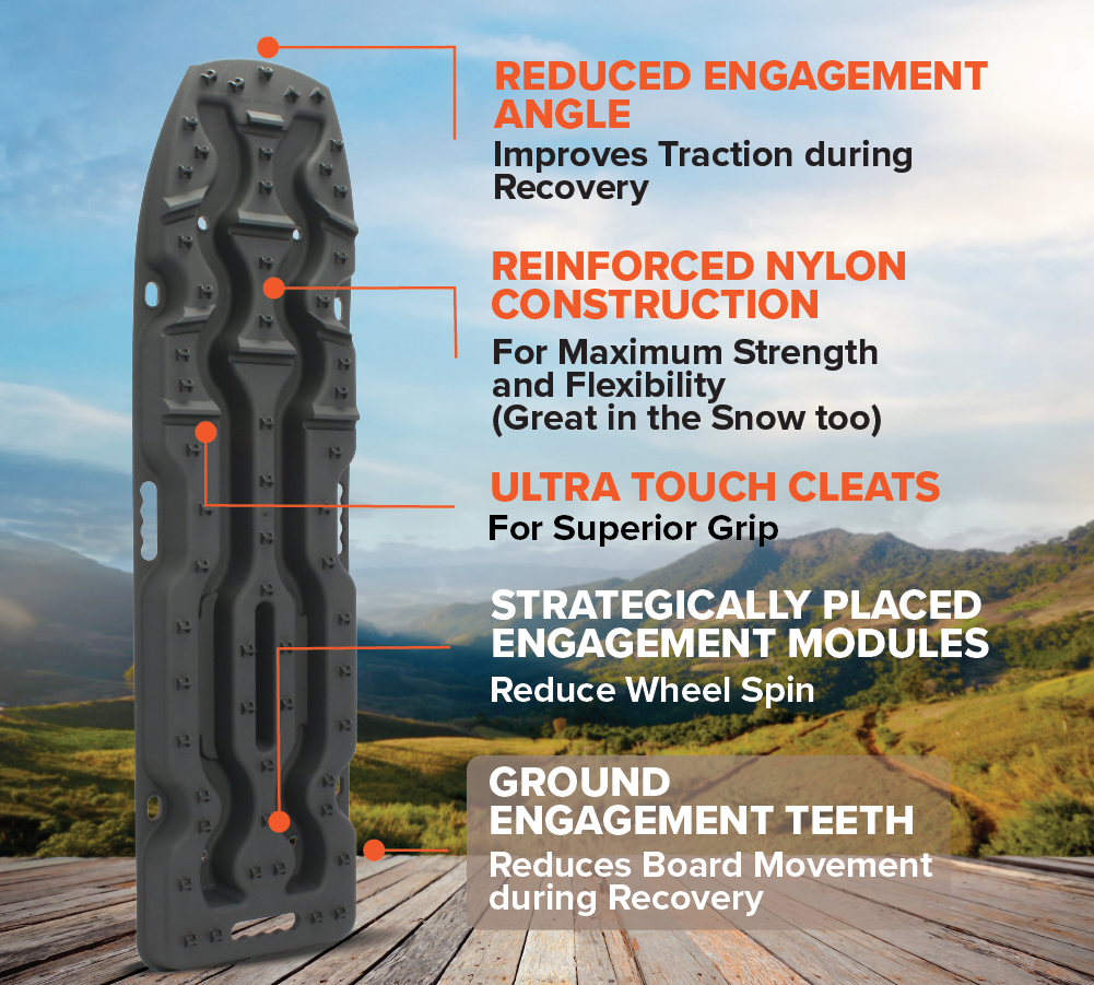 The Exitrax Recovery Board Ultimate 1150 in Aqua Marine, shown as a pair with the Recovery Board Mounts Bundle, features labeled elements including "Reduced Engagement Angle," "Reinforced Nylon Construction," "Ultra Tough Cleats," "Strategically Placed Engagement Modules," and "Ground Engagement Teeth." The background depicts a scenic nature setting with mountains.