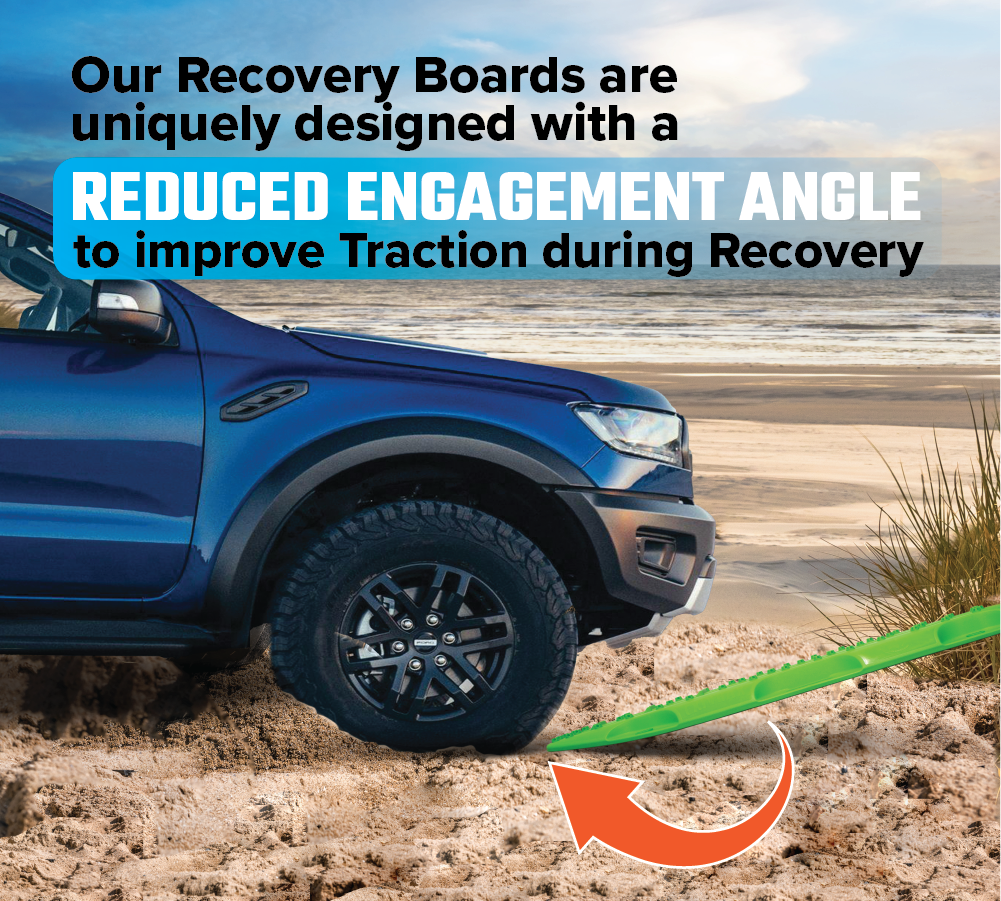 An Exitrax Recovery Board Ultimate 1150 - Aqua Marine, part of a pair and recovery board mounts bundle, is positioned under the wheel of a blue off-road vehicle on a sandy beach. Designed to minimize engagement angles for enhanced traction during recovery, the scene epitomizes adventure readiness with its cloudy sky and aqua marine ocean backdrop.