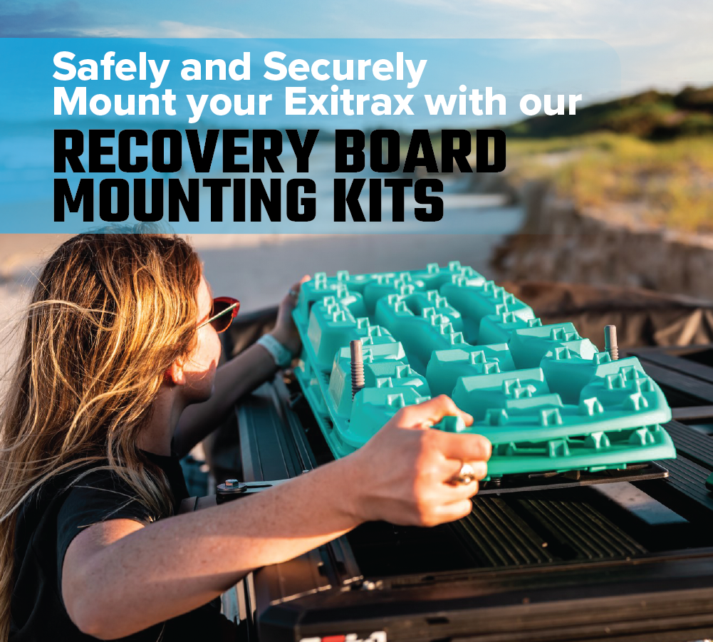 A person with long hair secures the Exitrax Recovery Board Ultimate 1150 in Aqua Marine onto a vehicle's roof using the dependable Recovery Board Mounts Bundle. In the background, a sandy beach and blue sky create the perfect backdrop, emphasizing our message: "Safely and Securely Mount your Exitrax with our kits.