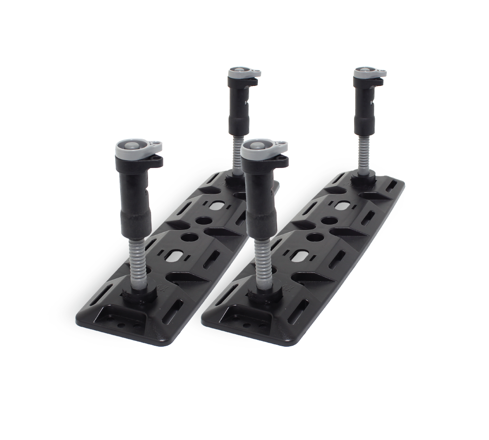 Three black adjustable furniture leveling feet with rectangular bases and threaded metal rods are aligned in a row on a white background, reminiscent of the precision found in an Exitrax Recovery Board Ultimate 1150 - Aqua Marine, Pair + Recovery Board Mounts Bundle.