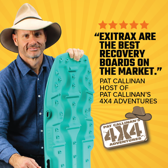 A man in a cowboy hat and blue shirt holds a Blood Orange Exitrax Recovery Board Ultimate 1150. Text on the image reads: "EXITRAX ARE THE BEST RECOVERY BOARDS ON THE MARKET, offering unbeatable traction enhancement. Pat Callinan, Host of Pat Callinan's 4x4 Adventures." A logo in the bottom right reads "Pat Callinan's 4X4 Adventures.