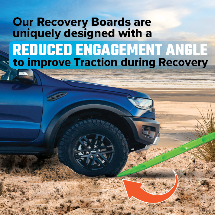 A blue off-road vehicle is stuck in the sand on a beach. A Blood Orange Exitrax Recovery Board Ultimate 1150 is positioned under the front tire, demonstrating its placement. The text reads, "Our Recovery Boards are uniquely designed with a REDUCED ENGAGEMENT ANGLE for traction enhancement during recovery.