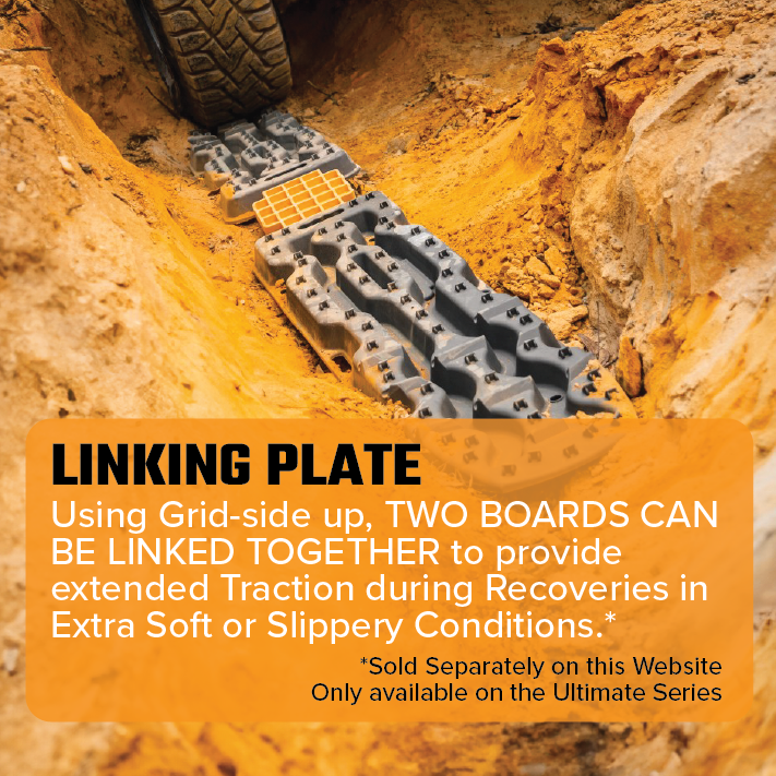 An image showing a pair of Exitrax Recovery Board Ultimate 1150 in Blood Orange linked together in a muddy trench. The text on the image reads: "LINKING PLATE - Using Grid-side up, TWO BOARDS CAN BE LINKED TOGETHER to provide enhanced traction during recoveries in extra soft or slippery conditions. *Sold Separately Only available on the Ultimate Series with lifetime warranty.