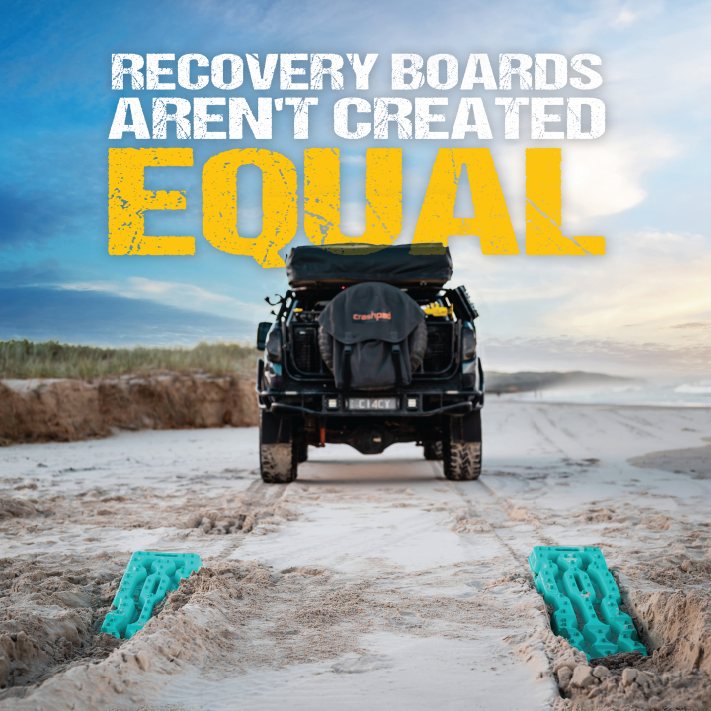 A 4x4 vehicle is parked on a sandy beach. Two blood orange recovery boards lie in front of the vehicle. The text, "RECOVERY BOARDS AREN'T CREATED EQUAL," is prominently displayed above the scene, with "EQUAL" in large yellow letters. An Exitrax Recovery Board Ultimate 1150 - Blood Orange and an Exitrax Recovery Board Mounts Bundle are positioned nearby, hinting at their utility for off-road adventures.