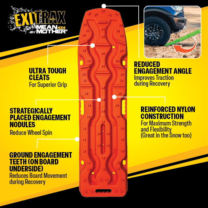 The image showcases an Exitrax Recovery Board Ultimate 1150 - Blood Orange, Pair + Recovery Board Mounts Bundle by Exitrax, detailing its features: ultra-tough cleats for superior grip, strategically placed engagement nodules to reduce wheel spin, ground engagement teeth, reduced engagement angle, and reinforced nylon construction.