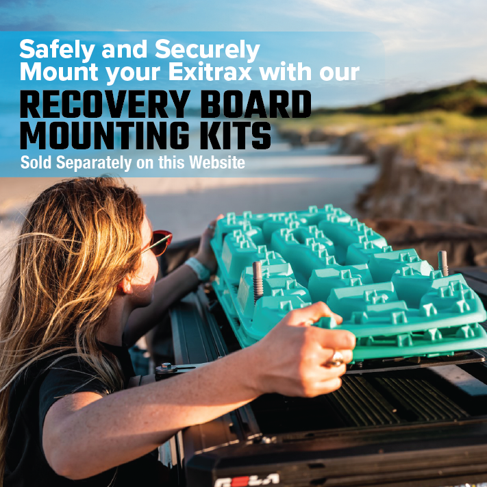 A person with long hair uses the Exitrax Recovery Board Mounts Bundle to secure a pair of blood orange Exitrax Recovery Board Ultimate 1150 onto a vehicle. The background features a sandy landscape with blue skies. Text on the image promotes the mounting kits and the Exitrax Ultimate 1150, stating they are sold separately on the specified website.