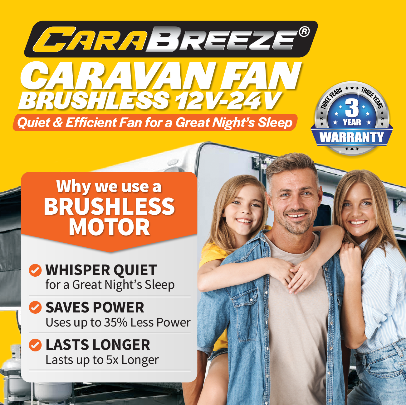 Promotional image for the Explore Carabreeze Caravan Fan, showing a smiling family in front of a caravan. The text highlights key features: a whisper-quiet brushless motor, power-saving capability, and an extended lifespan. It includes a "3 Year Warranty" badge and easy wireless remote control.