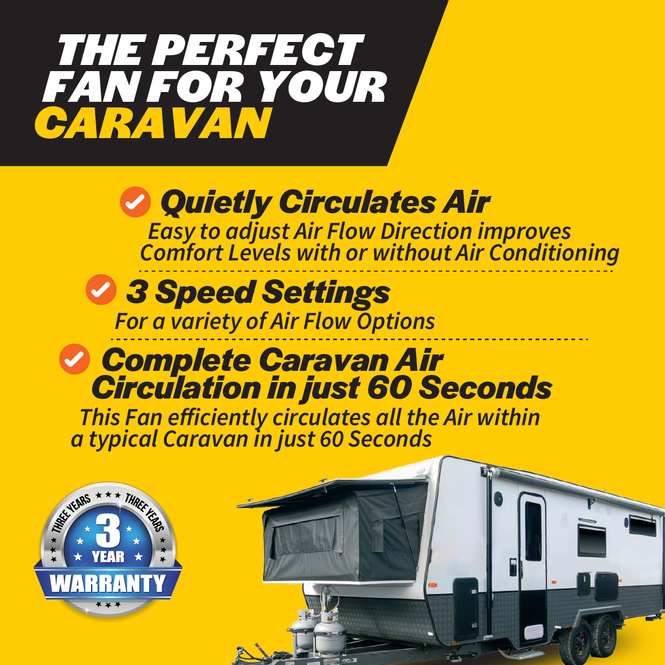 Discover unparalleled comfort with the Explore Carabreeze Caravan Fan. It boasts a whisper-quiet brushless motor and adjustable airflow, offering three speed settings and rapid air circulation in just 60 seconds. Ideal for any journey, it comes equipped with a wireless remote control for added convenience and is backed by a 3-year warranty.