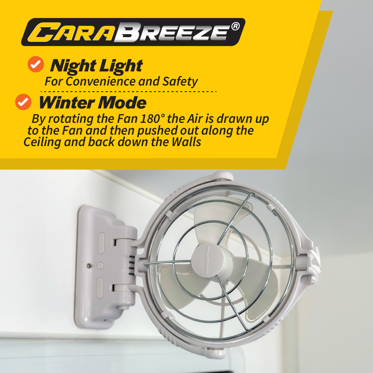 Introducing the Carabreeze Caravan Fan by Explore, an ideal wall-mounted fan for caravans. This stylish fan includes a handy night light and a unique winter mode to enhance air circulation efficiently. With its wireless remote control and silent brushless motor, it guarantees comfort with little effort.