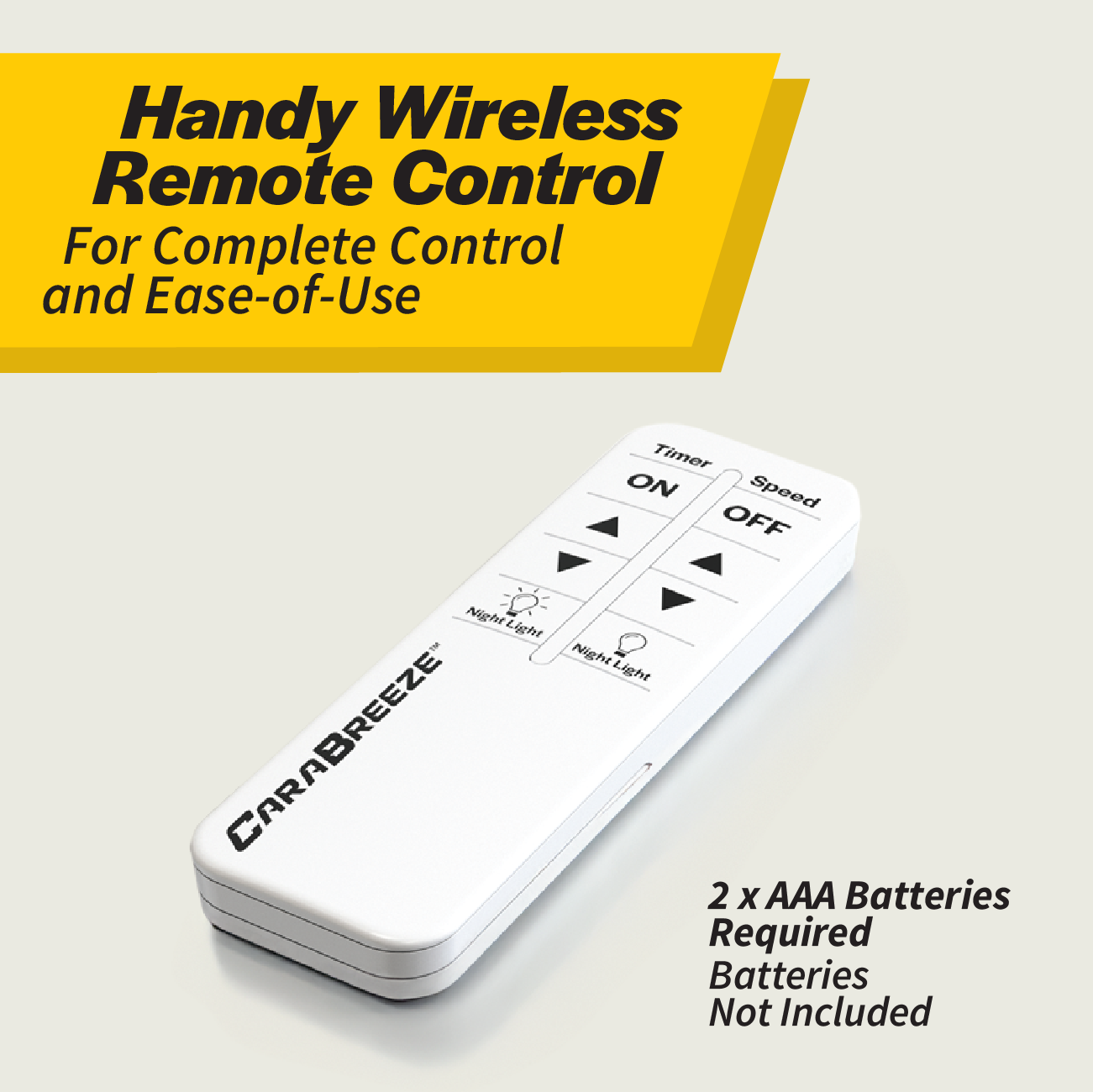 The image features a white wireless remote control for the "Carabreeze Caravan Fan" by Explore, ideal for managing your caravan fan. It includes buttons for timer and speed adjustments, operates on 2 AAA batteries (not included), and is elegantly displayed against a light background.