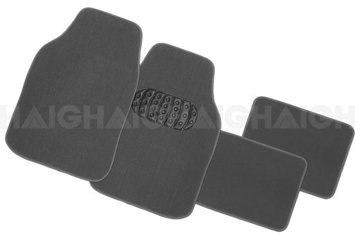 The Mean Mother 4x4 Mats Trafalgar Set 4 Grey includes four car mats, featuring a textured rubber section on one mat, shown against a white background.