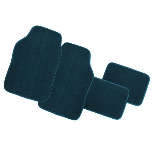 Four Cambridge Blue plush pile mats by Mean Mother 4x4, in assorted sizes, are arranged side by side on a white background, displaying this universal fit Car Mats Set 4.