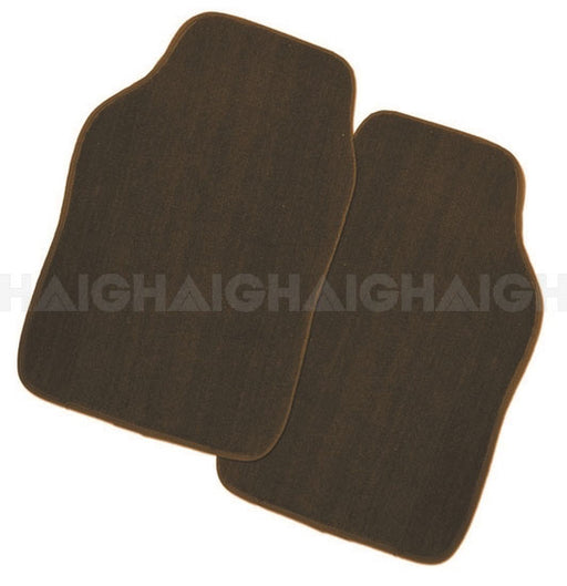 A pair of brown rectangular Mean Mother 4x4 Mats/Cambridge Carpet front car mats, slightly overlapping, displayed on a white background.