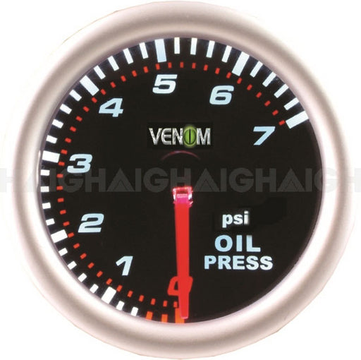 The Mean Mother 4x4 Gauge Venom 2" Oil Pressure - Black Face is a round analog gauge with white psi markings from 0 to 7, red needle at zero, and a black face.