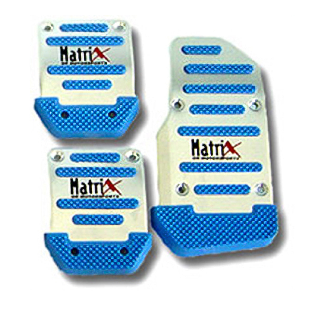 The Mean Mother 4x4 Car Pedal Blue 3Pc Lge set features three metallic pedals with blue textured grips and the "Matrix" logo in black and red, including one large and two smaller pedals, all with silver screws.