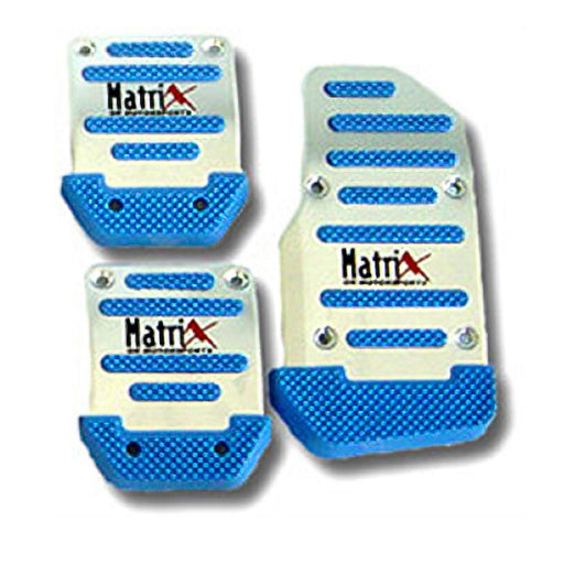 The Mean Mother 4x4 Car Pedal Blue 3Pc Lge set features three metallic pedals with blue textured grips and the "Matrix" logo in black and red, including one large and two smaller pedals, all with silver screws.
