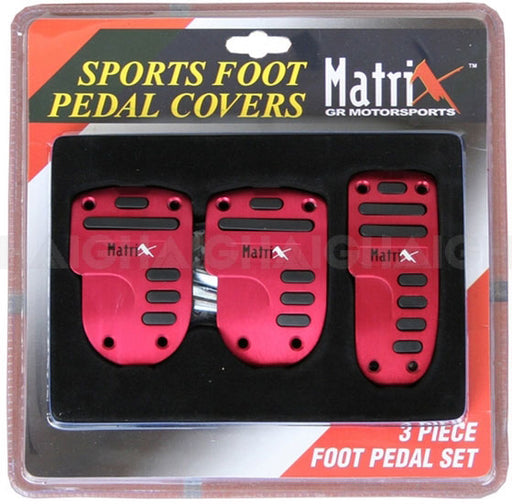A packaged set of three red "Mean Mother 4x4 Car Pedal Red 3Pc Small" sports foot pedal covers for vehicles, labeled "3 Piece Foot Pedal Set." The packaging is red and black with product details.