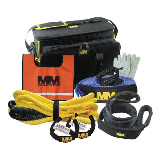 The 4WD Recovery Kit, also known as The Ultimate Recovery Kit 8 Pce by Mean Mother 4x4, is ideal for the avid off-roader. It includes a stylish black and yellow gear bag, an orange tote, eye-catching yellow and black kinetic ropes, a blue strap, durable gloves, and two sleek black wristbands—all adorned with "MM" logos. This kit is perfect for outdoor adventures and vehicle recovery needs.